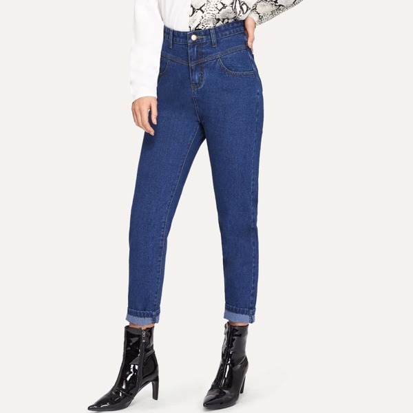 

High Waist Rolled Hem Skinny Jeans, Blue