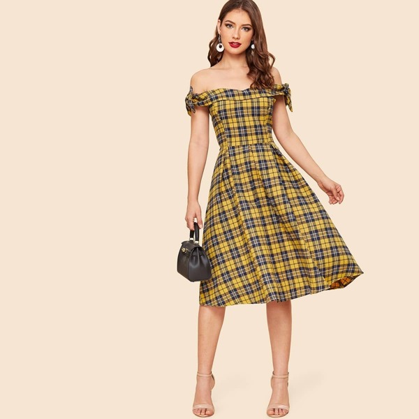 

50s Bow Side Foldover Off Shoulder Plaid Dress