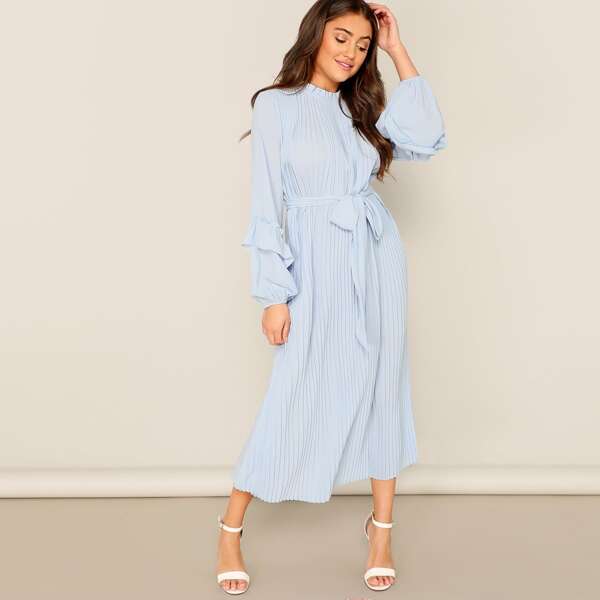 

Frill Neck Solid Pleated Dress, Blue