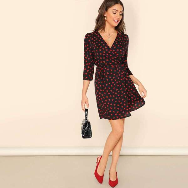 

Surplice Wrap Heart Print Tea Dress