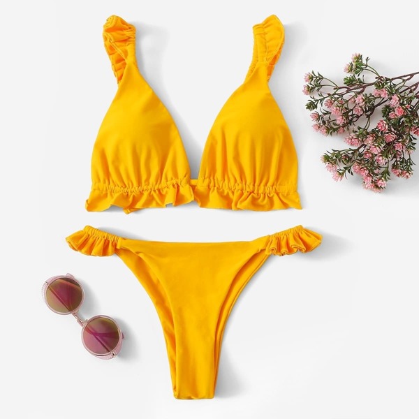 

Frill Trim Top With Elastic Tanga Bikini, Yellow bright