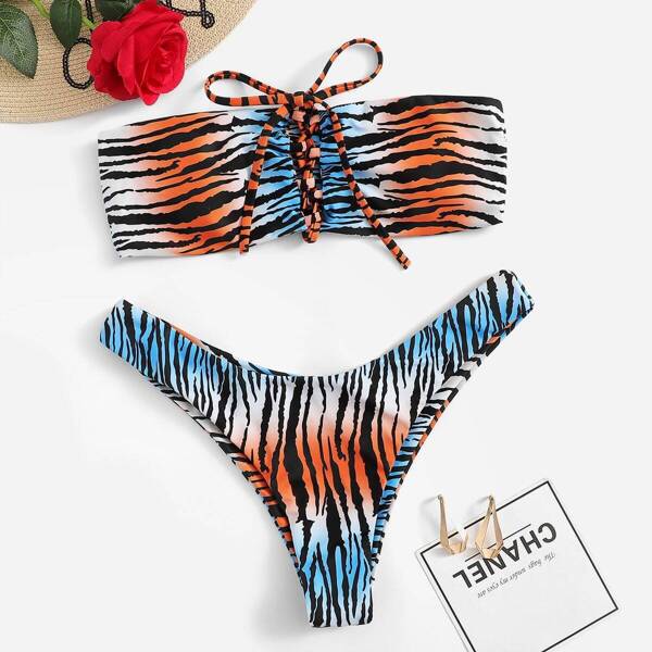 

Random Zebra Print Lace-up Bandeau Bikini