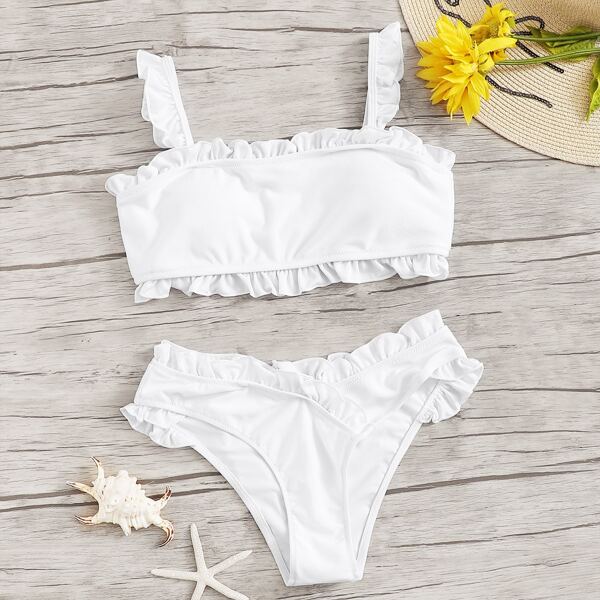 

Ruffle Trim Solid Top With Asymmetrical Bikini Set
