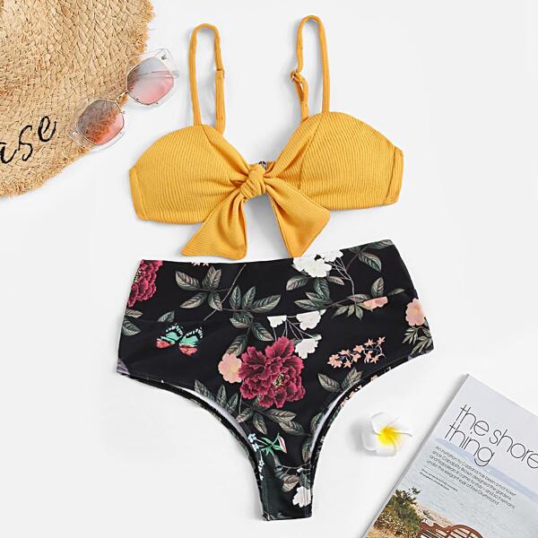 

Knot Rib-knit Top With Random Floral High Waist Bikini Set