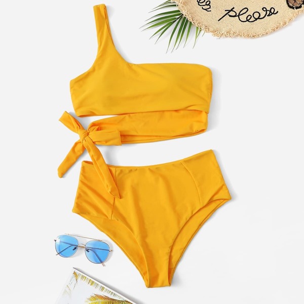 

One Shoulder Top With High Waisted Bikini Set, Yellow