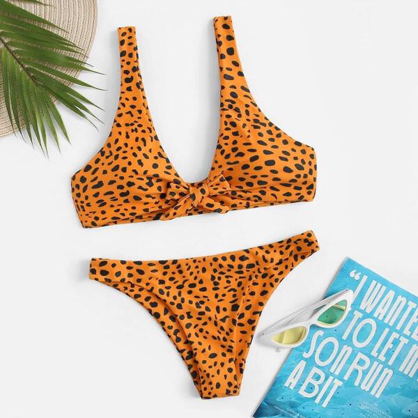 

Leopard Print Knot Bikini Set, Multicolor
