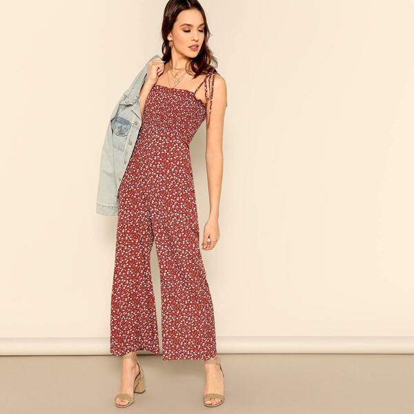 

Ditsy Floral Knot Strap Ruffle Trim Smocked Jumpsuit, Burgundy