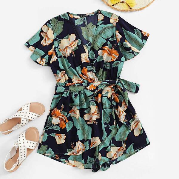 

Palm Leaf Print Surplice Romper