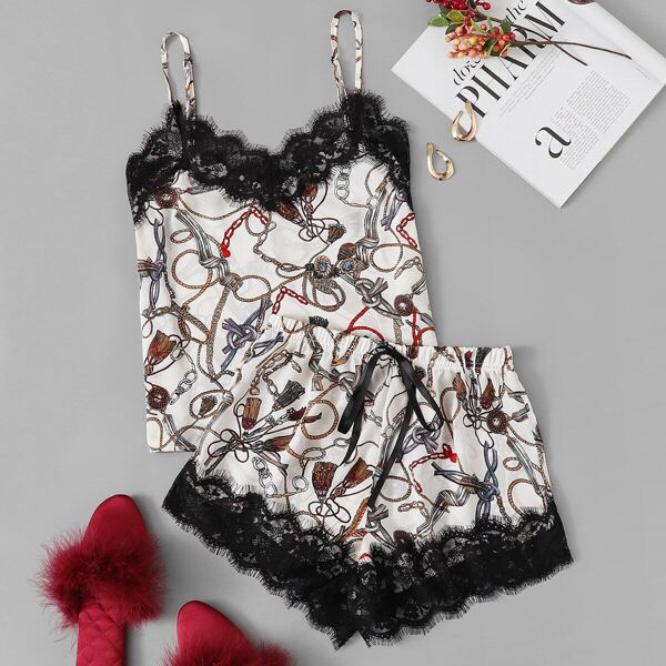 

Lace Trim Chain Print Cami Top & Shorts Set