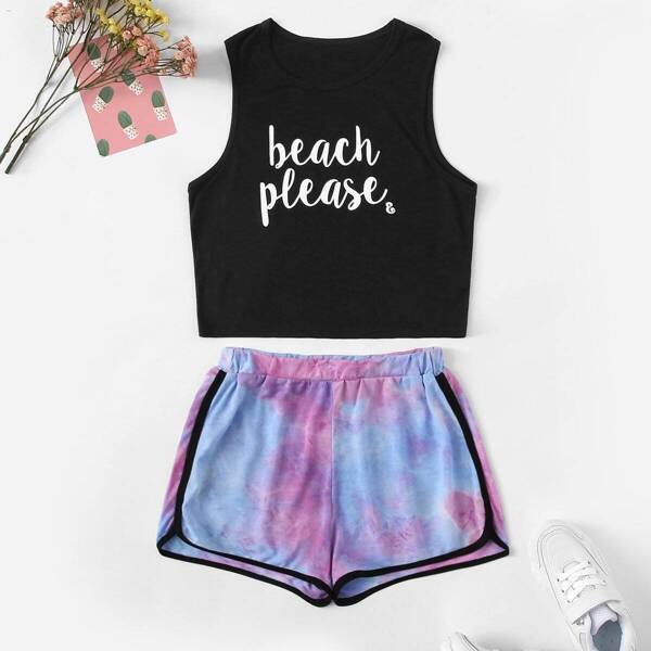 

Girls Letter Tank Top and Tie Dye Shorts Set, Multicolor