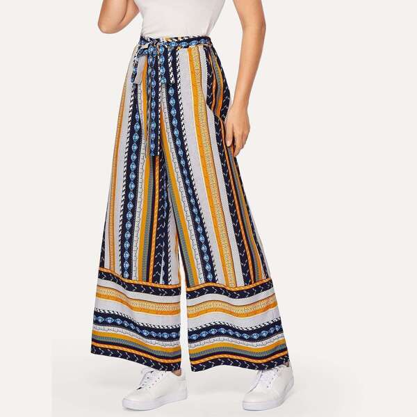 

Self Belted Geo Print Palazzo Pants