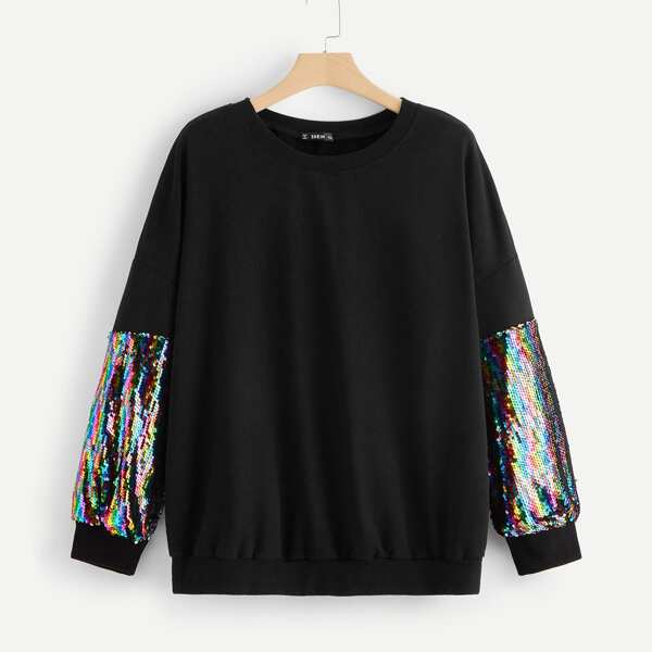 

Plus Drop Shoulder Sequins Contrast Sleeve Pullover