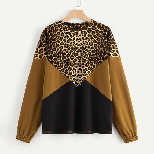 

Plus Drop Shoulder Color-block Leopard Pullover