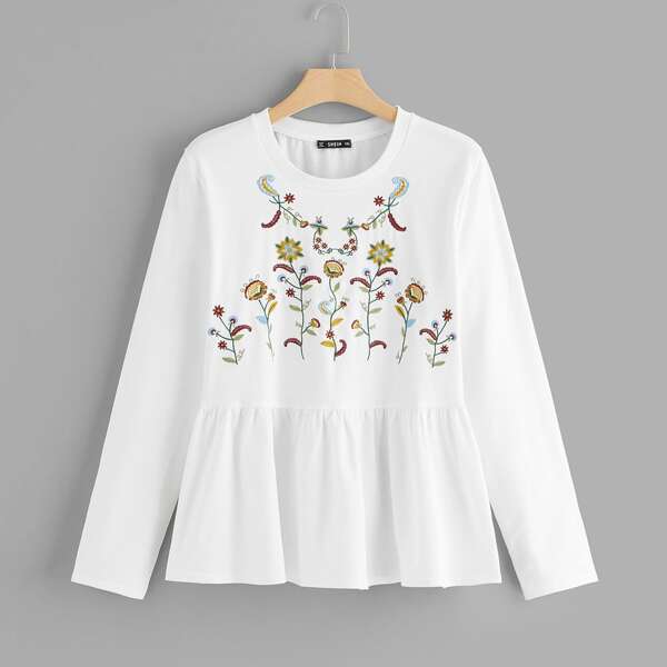 

Plus Flower Embroidered Peplum Top
