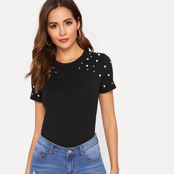 

Pearls Beaded Form Fitted Top, Black
