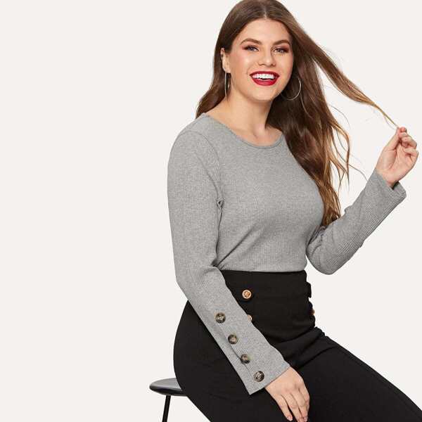 

Plus Button Sleeve Rib-knit Marled Tee