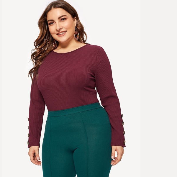 

Plus Buttoned Detail Cuff Rib-knit Top