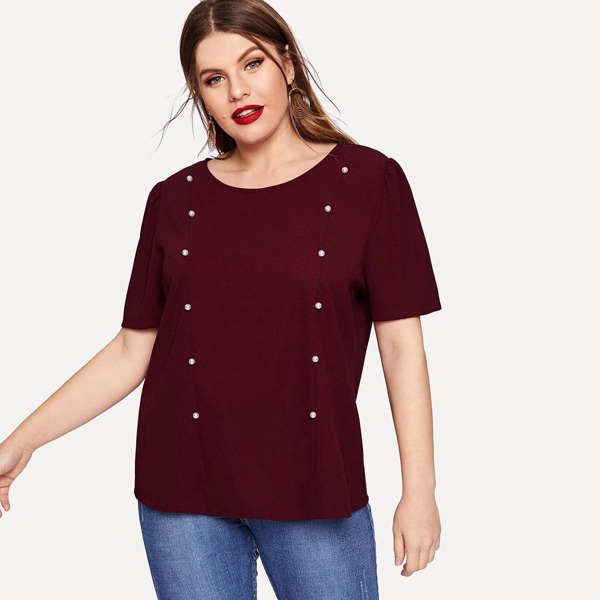 

Plus Pearl Beading Puff Sleeve Pullover Top