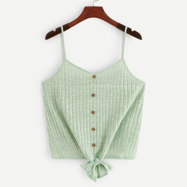 

Buttoned Embellished Knot Rib-knit Cami Top