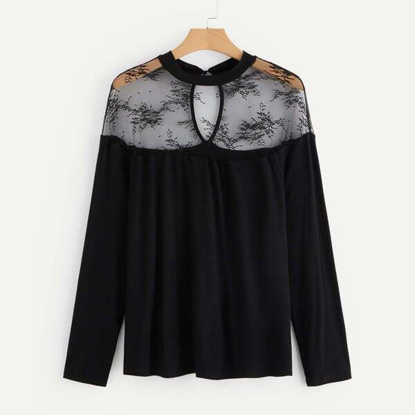 

Plus Mock Neck Keyhole Back Lace Shoulder Top