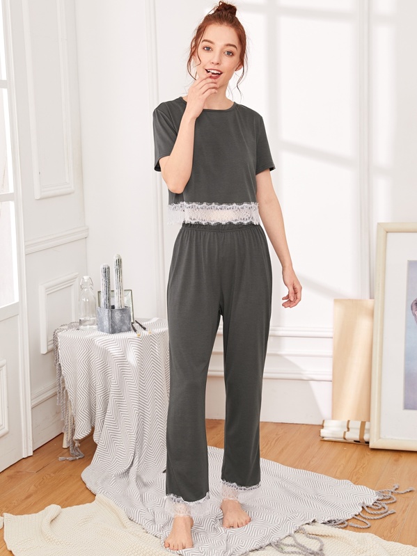 

Lace Trim Top & Pants PJ Set, Grey, Poly