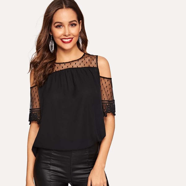 

Dobby Mesh Panel Cold Shoulder Top