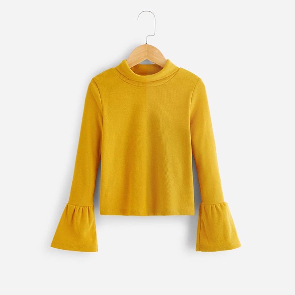 

Girls Flounce Sleeve Roll Neck Rib-knit Tee
