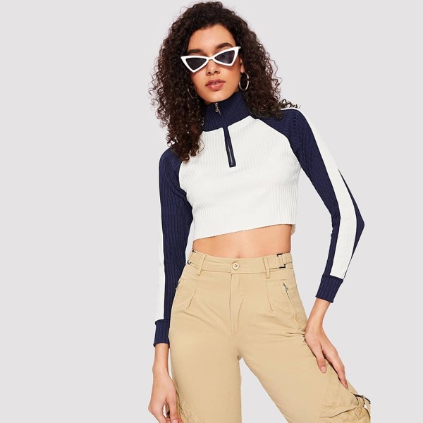 

Half Zip Contrast Panel Ribbed Sweatshirt, White