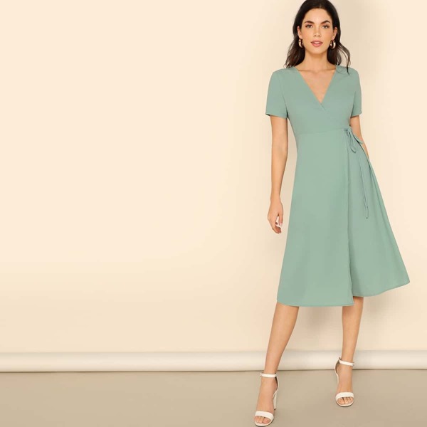 

Surplice Neck Wrap Knotted Solid Dress, Green pastel