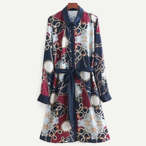 

Self Tie Chain Print Shirt Dress