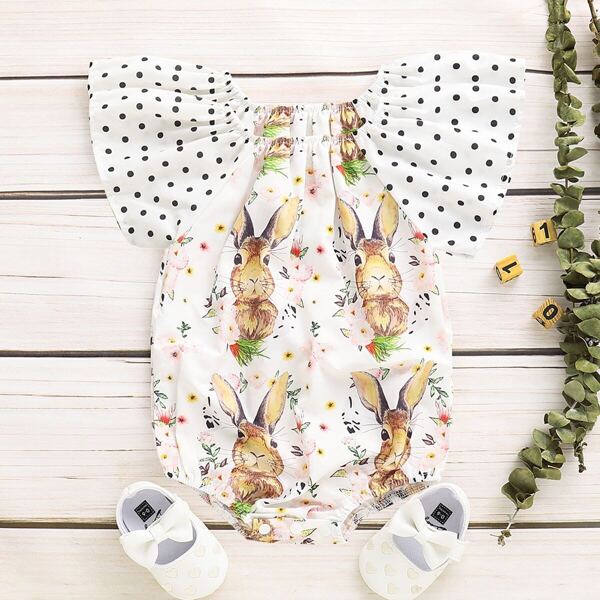 

Baby Polka Dot Ruffle Sleeve Rabbit Print Romper