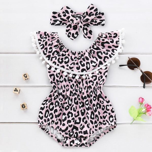 

Toddler Girls Pom Pom Trim Leopard Jumpsuit With Headband