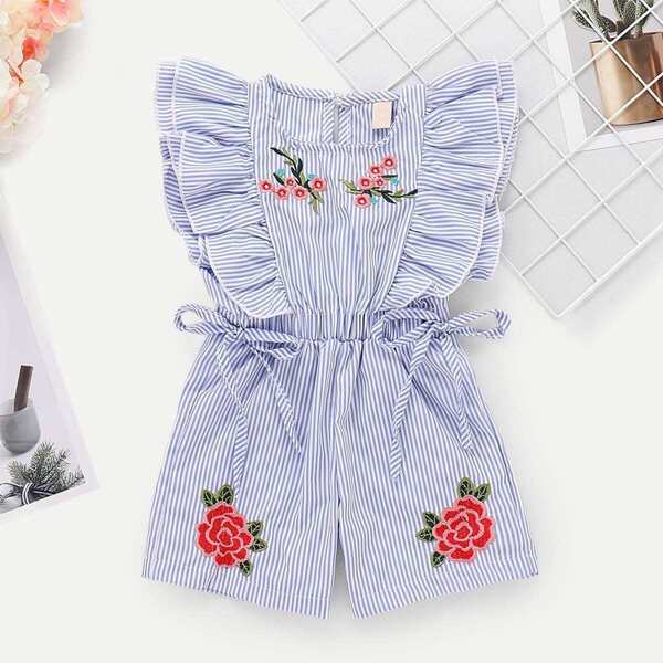 

Toddler Girls Floral Embroidery Ruffle Striped Jumpsuit