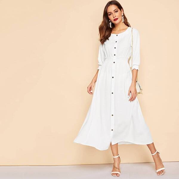 

Elastic Waist Button Front Shirt Dress, White