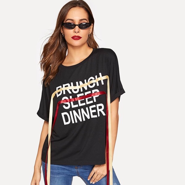 

Slogan Print Contrast Ribbon Front Tee, Black