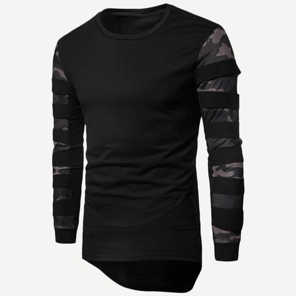

Men Contrast Camouflage Print Sleeve Asymmetric Hem Tee