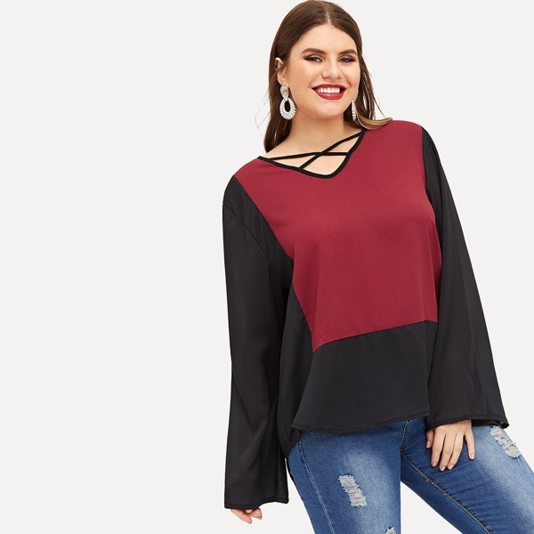 

Plus Two Tone Criss Cross Blouse