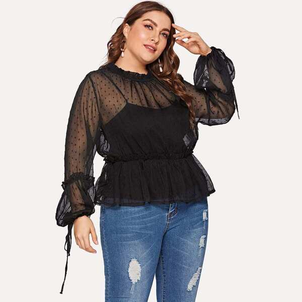 

Plus Ruffle Hem See Through Blouse, Black