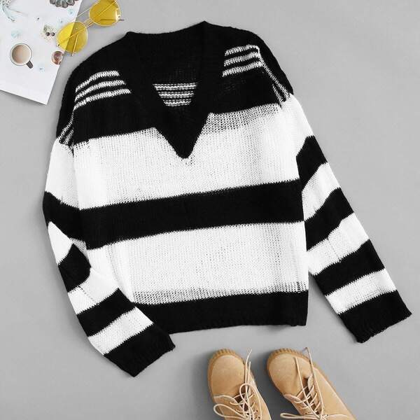 

Plus Ripped Striped V-neck Sweater