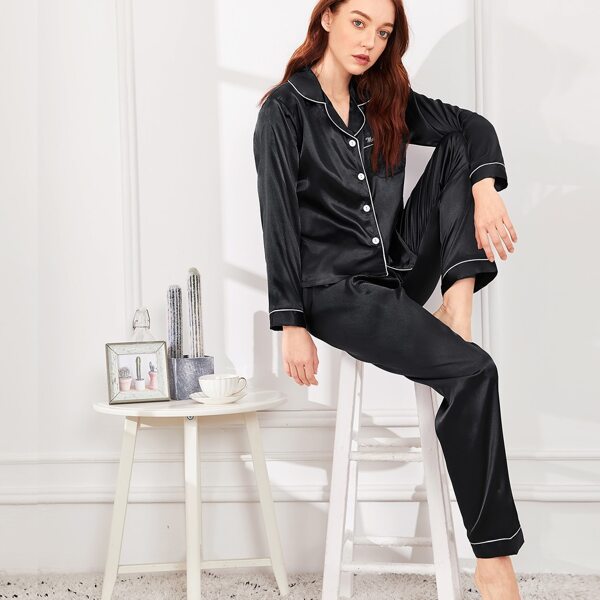 

Letter Embroidered Satin Pajama Set, Black
