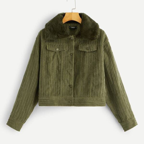 

Contrast Faux Fur Collar Cord Jacket