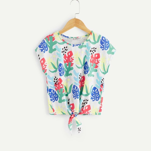 

Girls Jungle Leaf Print Knot Hem Top
