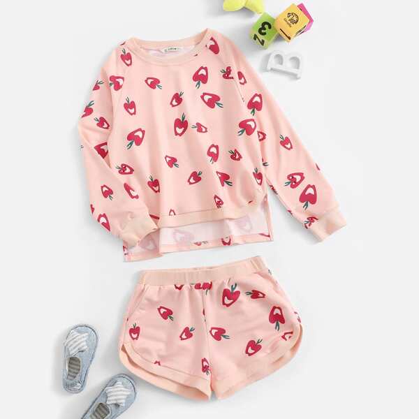 

Girls Apple Print High Low Pullover & Shorts Set, Multicolor
