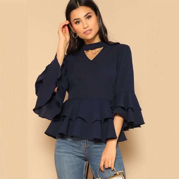 

Choker Neck layered Ruffle Knot Peplum Top, Navy