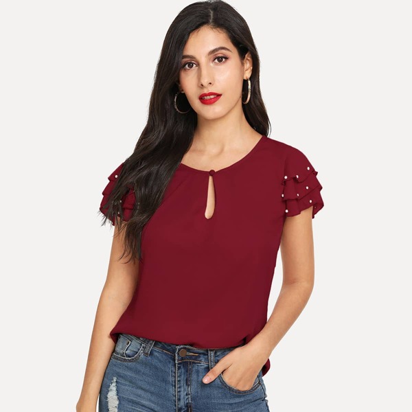 

Keyhole Neck Pearls Beaded Layered Sleeve Top