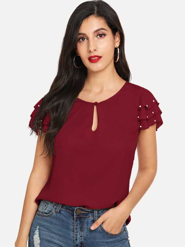 

Keyhole Neck Pearls Beaded Layered Sleeve Top, Burgundy, Jeane