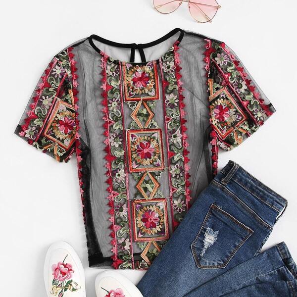 

Floral Embroidered Sheer Crop Top Without Bra, Multicolor