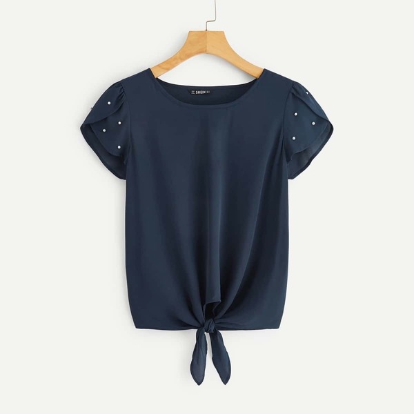 

Pearl Beaded Tulip Sleeve Knot Blouse, Navy
