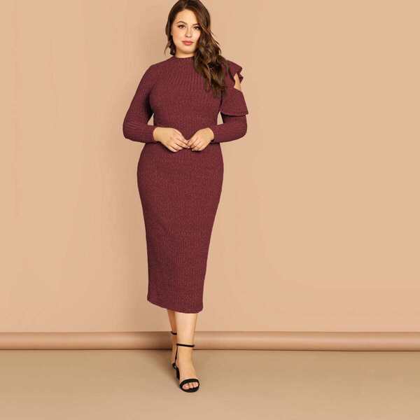

Plus Cut Out Shoulder Ruffle Trim Pencil Dress