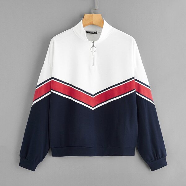 

Cut-and-sew Zip Half Placket Chevron Pullover, Multicolor